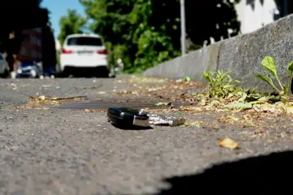 Verlorener Autoschlüssel liegt am Straßenrand, im Hintergrund ein geparktes Auto